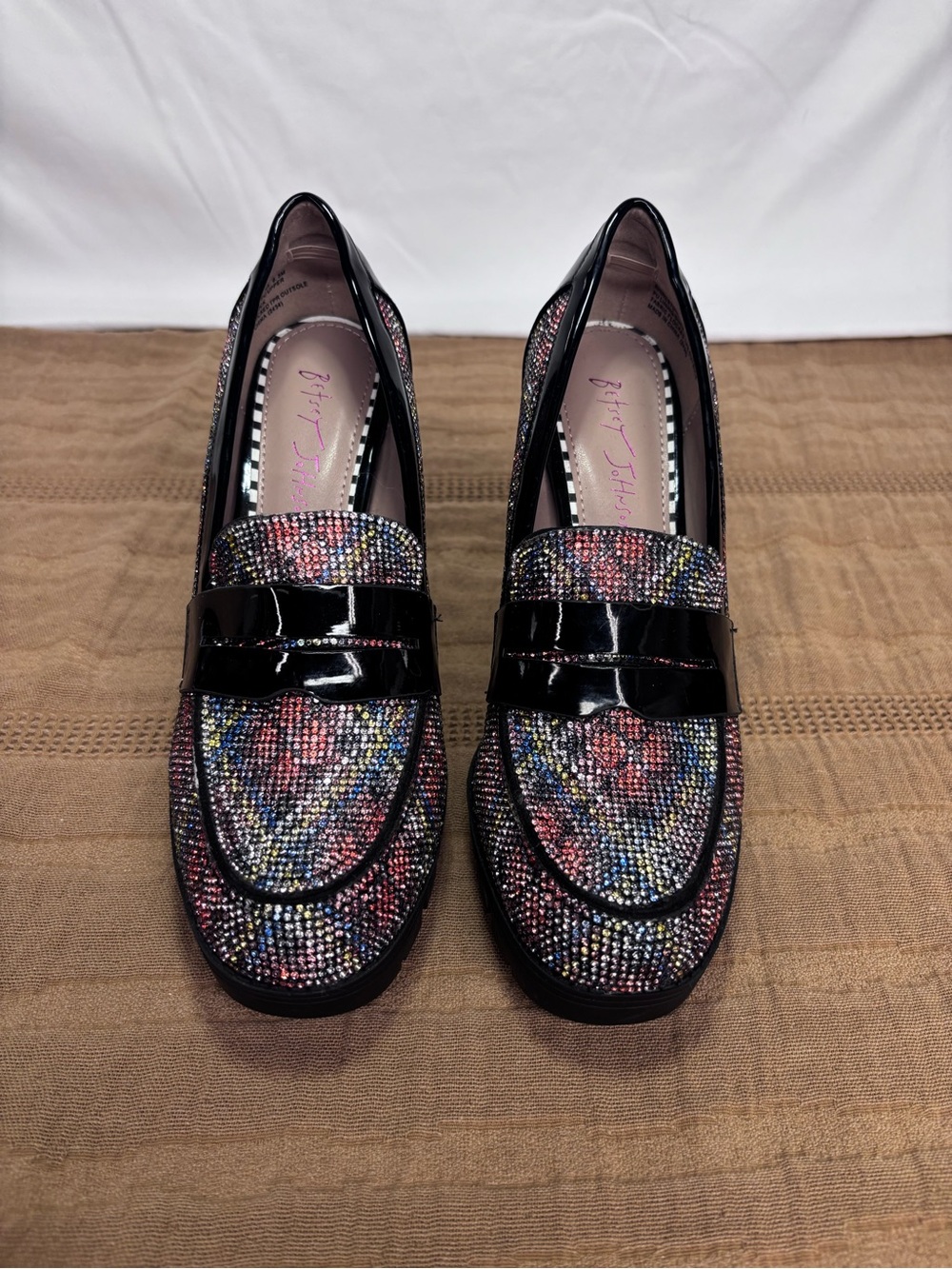 Betsey Johnson Black Patent Multicolor Beaded Block Heel Loafers - Picture 2 of 14